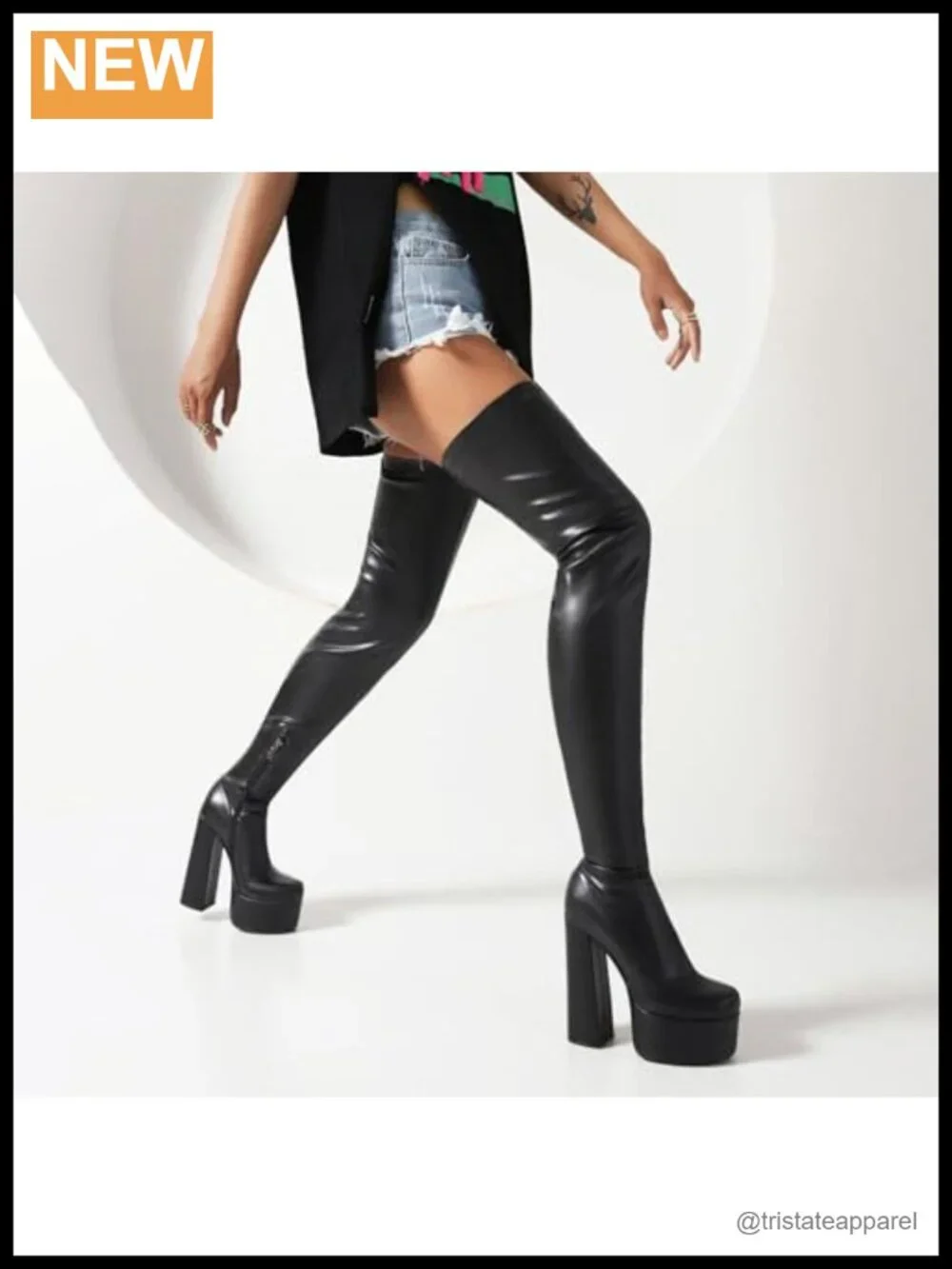 Over-the-Knee Thigh High Block Heel Boots Faux Leather 14cm